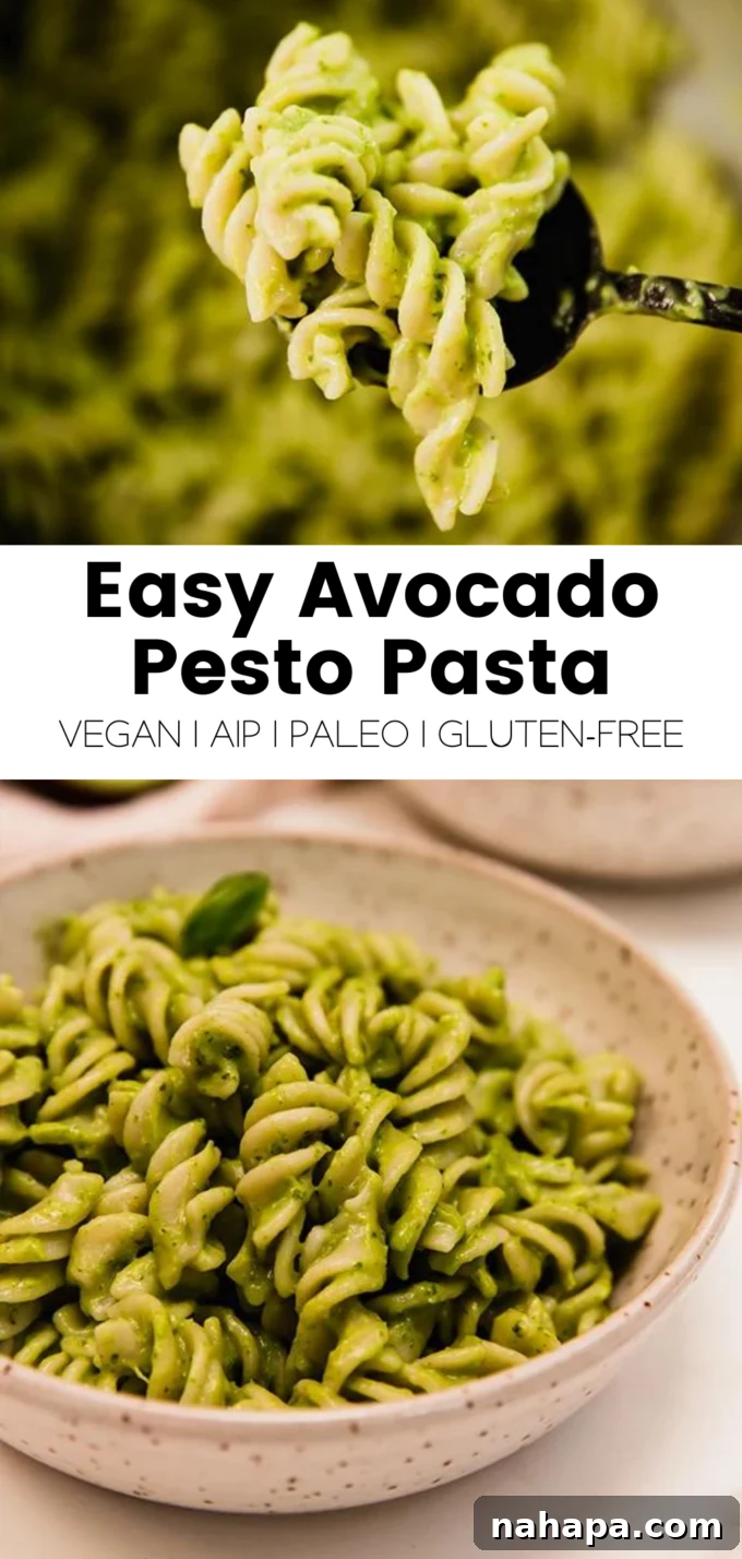 Promotional graphic for Avocado Pesto Pasta recipe.