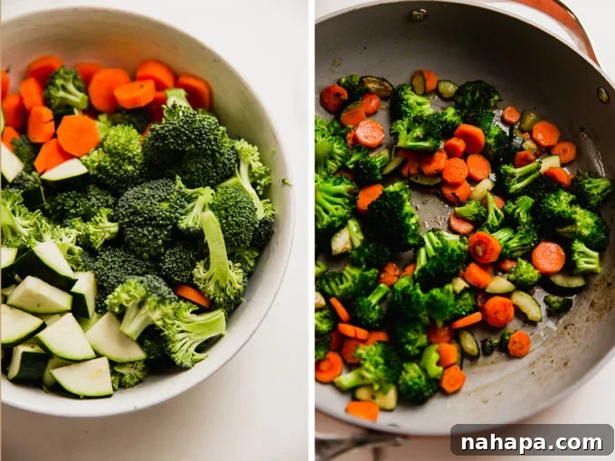 Zesty Lemon Chicken and Crisp Vegetable Stir-Fry 3 Assorted chopped carrots, zucchini, and broccoli ready for stir-frying in a pan.