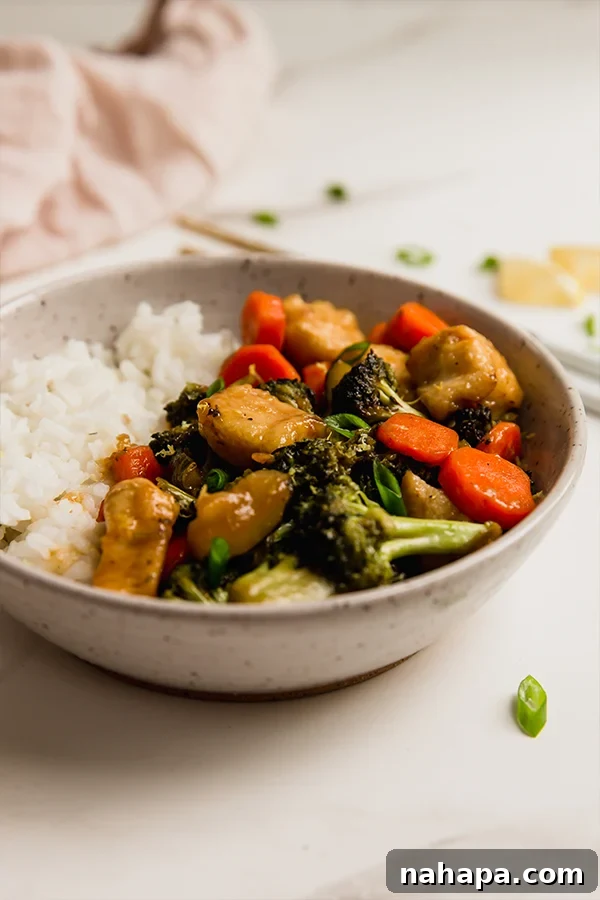 Zesty Lemon Chicken and Crisp Vegetable Stir-Fry 6 A beautifully plated bowl of Lemon Chicken & Vegetable Stir Fry with rice, garnished with green onions.