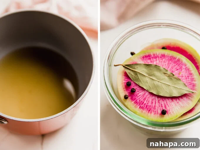Side-by-side view: sliced watermelon radish layered in a jar and pickling liquid simmering in a small pot.