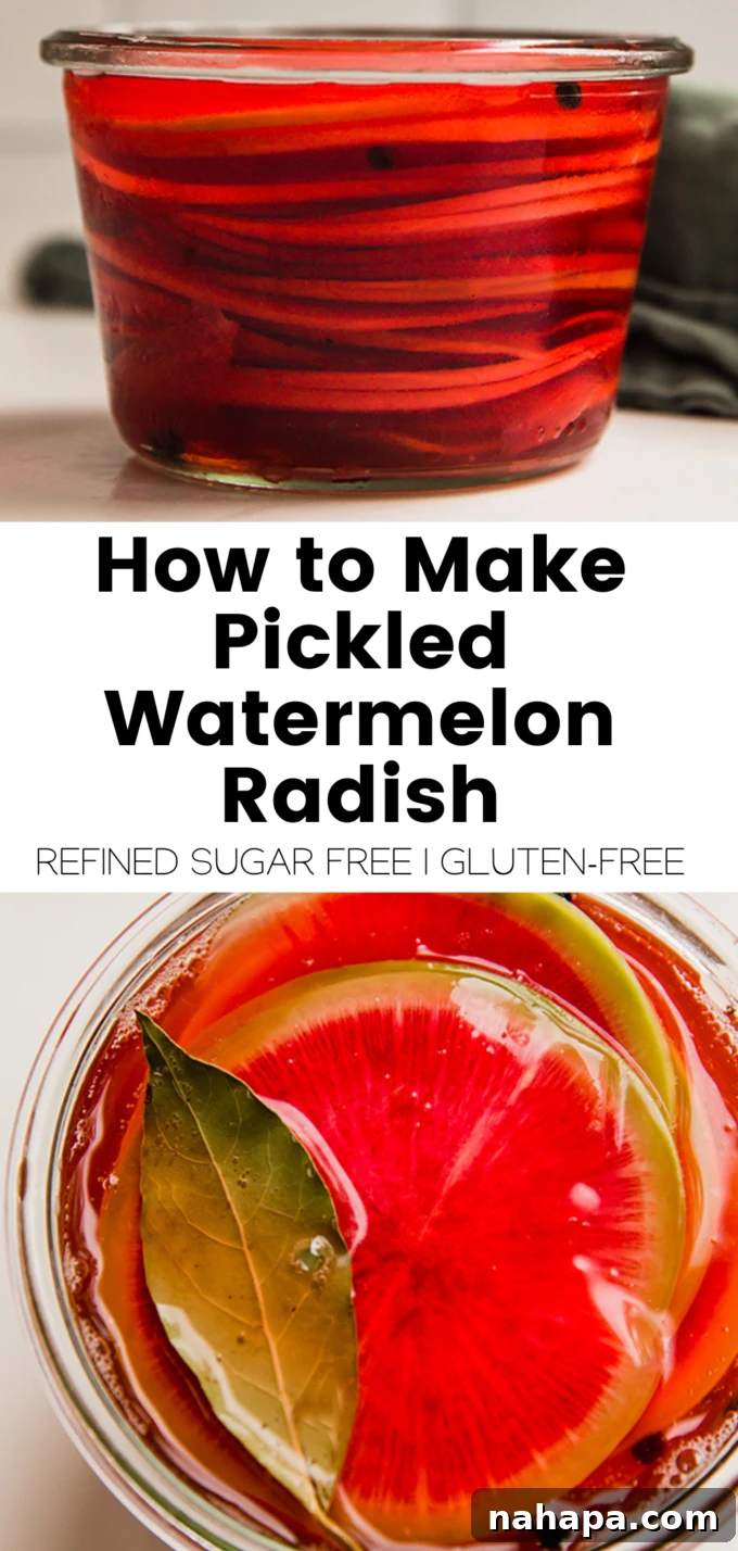 Promotional image for the pickled watermelon radish recipe, featuring a jar of the pickles on a wooden surface.