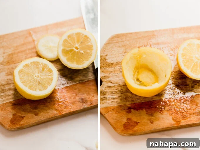 Lemons shown before and after the centers have been carefully scooped out, ready to be filled.