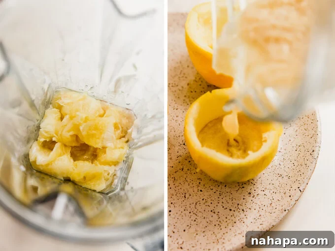 The process of blending the lemon sorbet mixture in a blender, followed by the mixture being poured into a hollowed lemon rind.