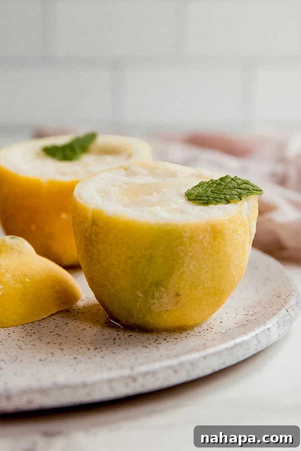Two vibrant lemon sorbet cups, garnished with mint, resting on a white plate.