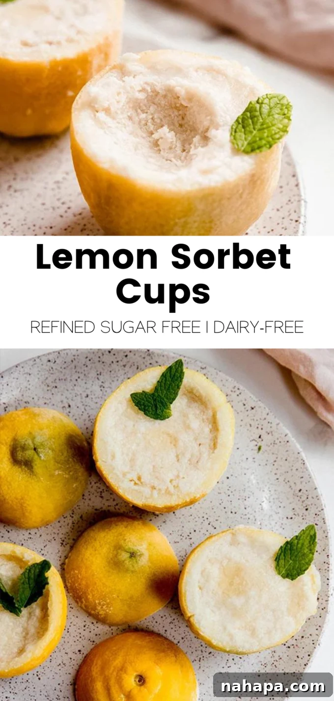 A vibrant graphic promoting Lemon Sorbet Cups, featuring a visual of the dessert.