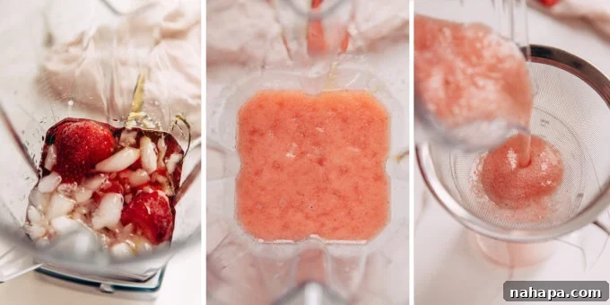 A collage showing the process of making homemade frose: ingredients added to a blender, blending in progress, and the mixture being poured out.
