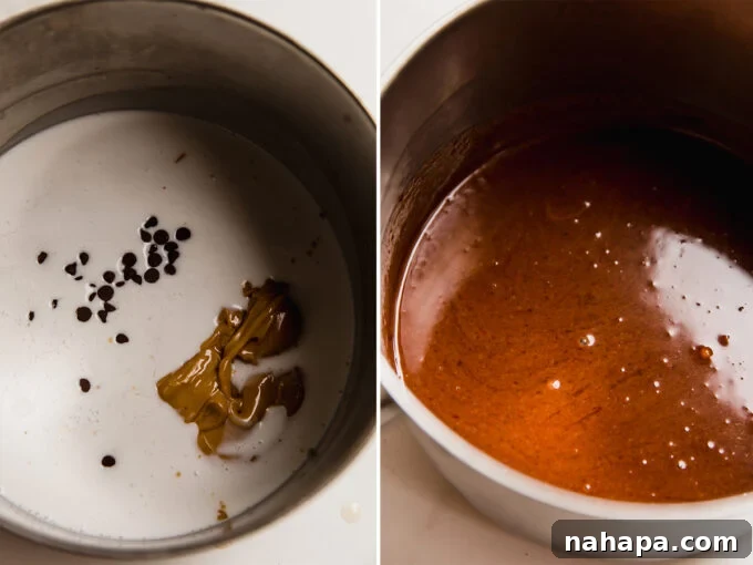 A visual guide showing dairy-free chocolate chips, coconut cream, and almond butter melting together in a saucepan to create a smooth, rich base.