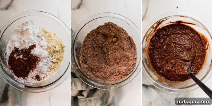 A snapshot illustrating the careful process of combining wet and dry ingredients in separate glass bowls, leading to a smooth, consistent cake batter.