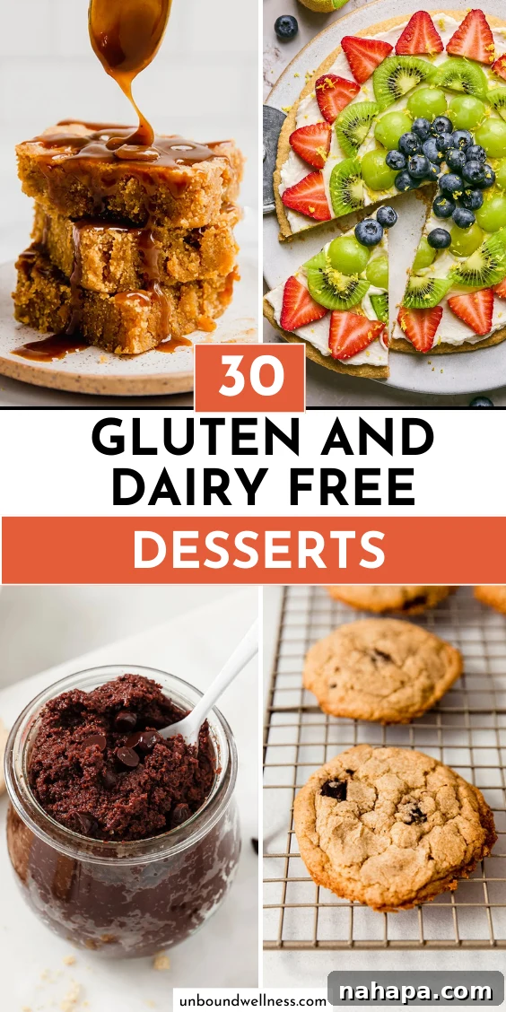 A selection of delicious gluten and dairy-free desserts, showcasing a variety of baked goods, no-bake treats, and fruit desserts, with a prominent image of air fryer peaches.