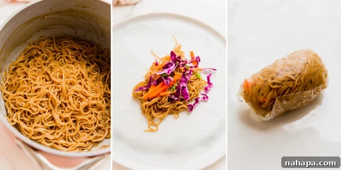 A step-by-step visual guide to making crispy ramen rice paper rolls, showing the filling and rolling process.