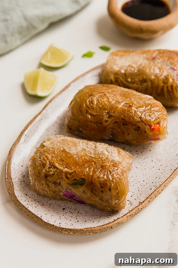 A beautifully arranged plate of crispy ramen rice paper rolls, ready to be enjoyed.