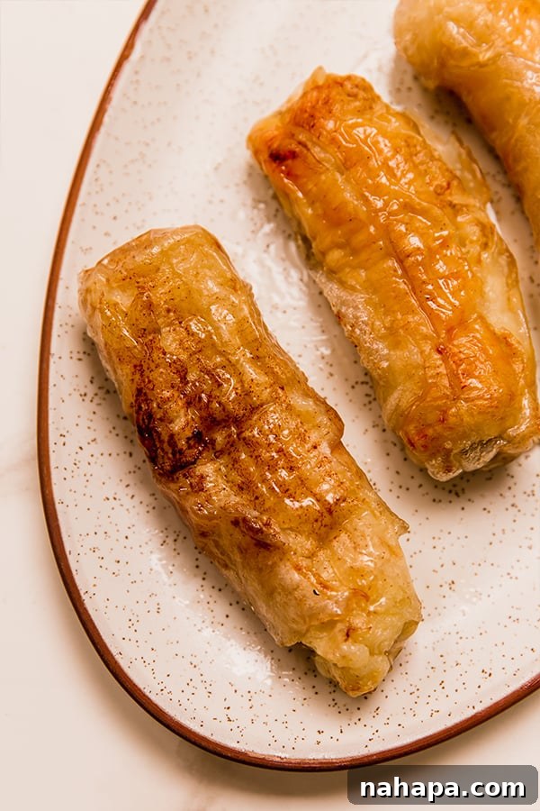 A plate with beautifully golden and crispy Filipino Banana Lumpia, showcasing its appealing texture and inviting presentation.