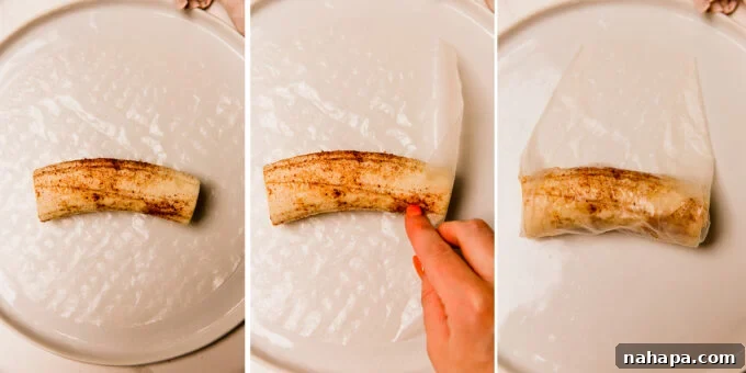 A step-by-step visual guide showing how to prepare bananas and wrap them in rice paper for Filipino Banana Lumpia.