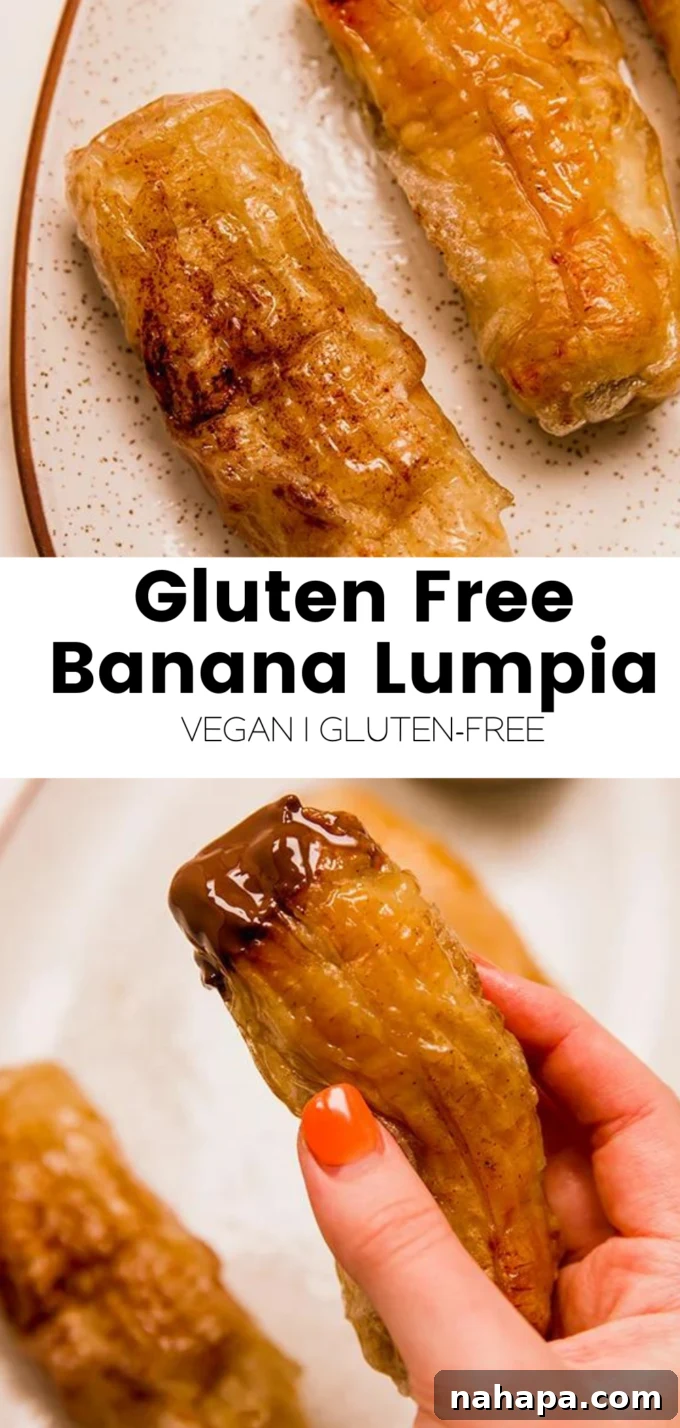 A high-quality visual banner promoting Gluten-Free Banana Lumpia (Turon), suitable for Pinterest sharing.