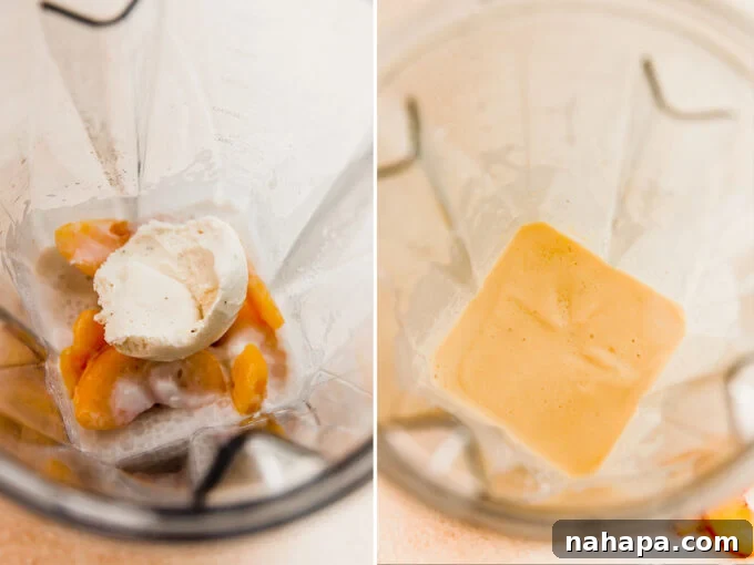 A top-down view of a glass of dairy-free creamy peach milkshake garnished with fresh peach slices, ready to be enjoyed as a refreshing and healthy summer drink.