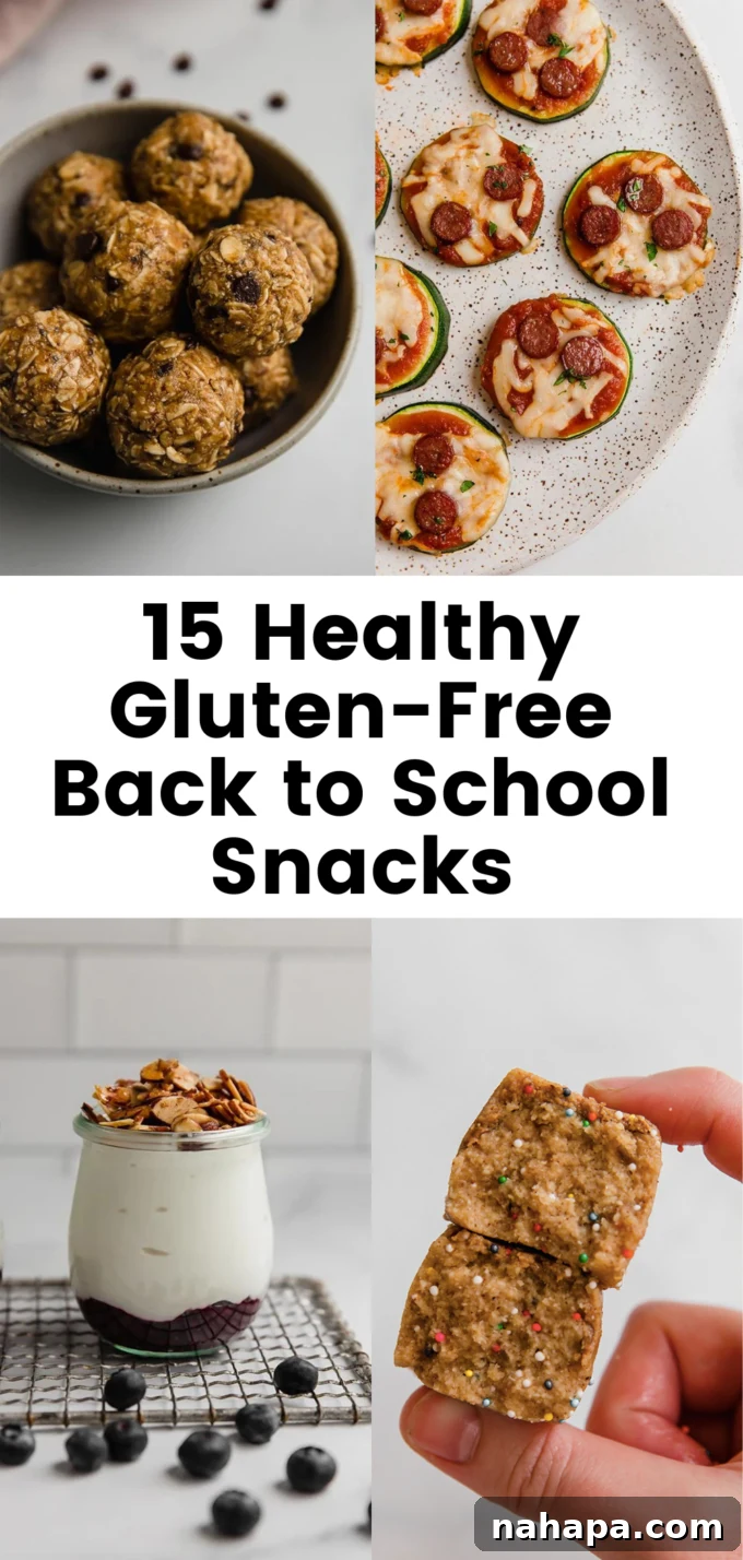 A collage of various healthy gluten-free back-to-school snacks, including energy bites, snack bars, and fruit