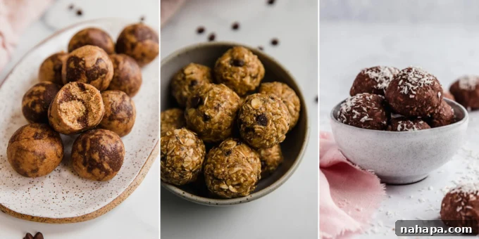 A close-up of various energy bites, including chocolate swirl, no-bake, and chocolate collagen options
