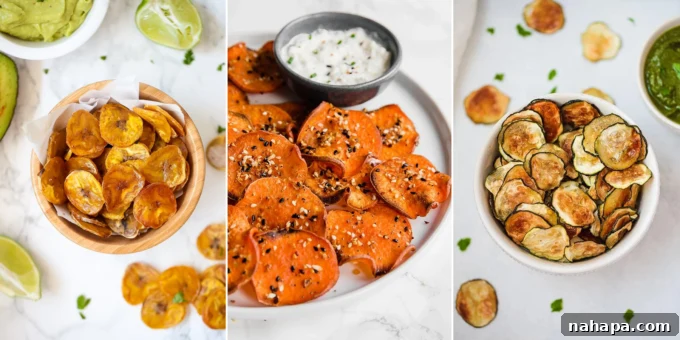 A selection of homemade chips, including plantain chips, sweet potato bagel chips, and zucchini chips