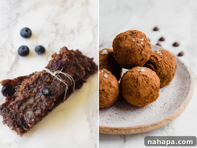 A visual display of high-protein snacks, including homemade beef jerky and chocolate avocado protein truffles