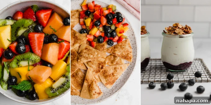 A collection of fruit-based snacks, including honey lime fruit salad, cinnamon sugar chips with fruit salsa, and fruit on the bottom yogurt jars