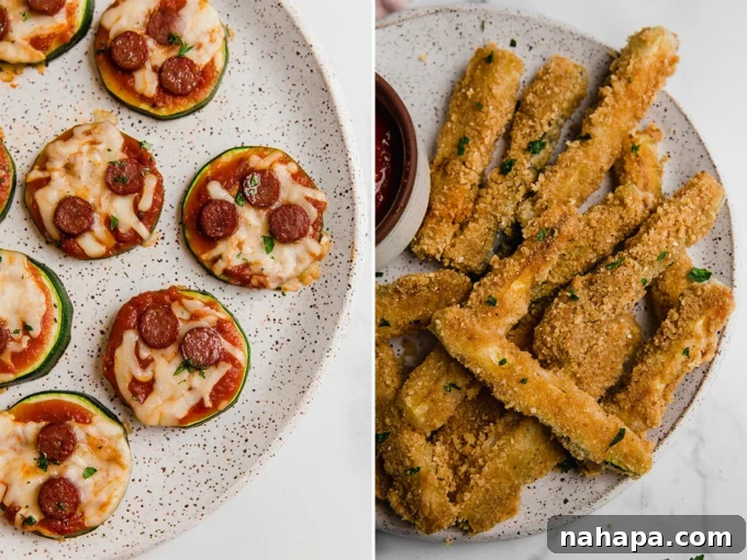 A visual representation of vegetable snacks, including mini zucchini pizza bites and zucchini fries