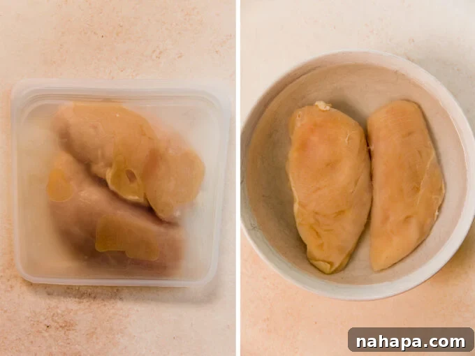 Chicken breasts marinating in a reusable bag inside a bowl.