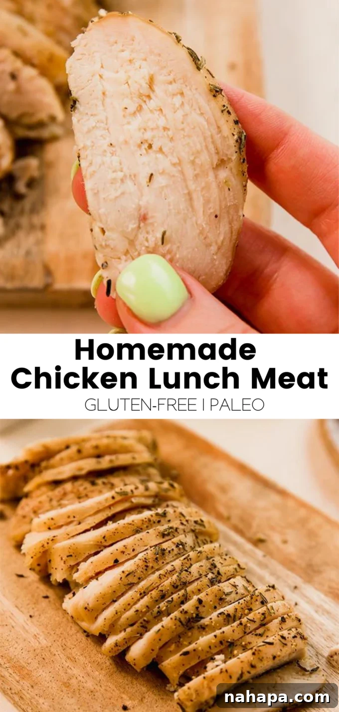 A large promotional image for Homemade Chicken Lunch Meat, showing slices in a sandwich.