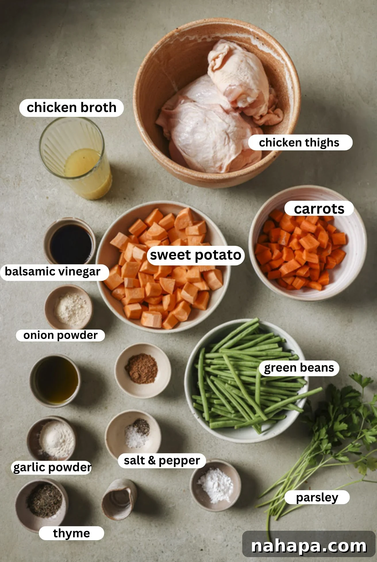 Hearty Slow Cooker Balsamic Chicken and Mixed Vegetables 3 All fresh ingredients for slow cooker balsamic chicken, neatly separated in bowls: chicken thighs, green beans, sweet potatoes, carrots, herbs, balsamic vinegar, and chicken broth.