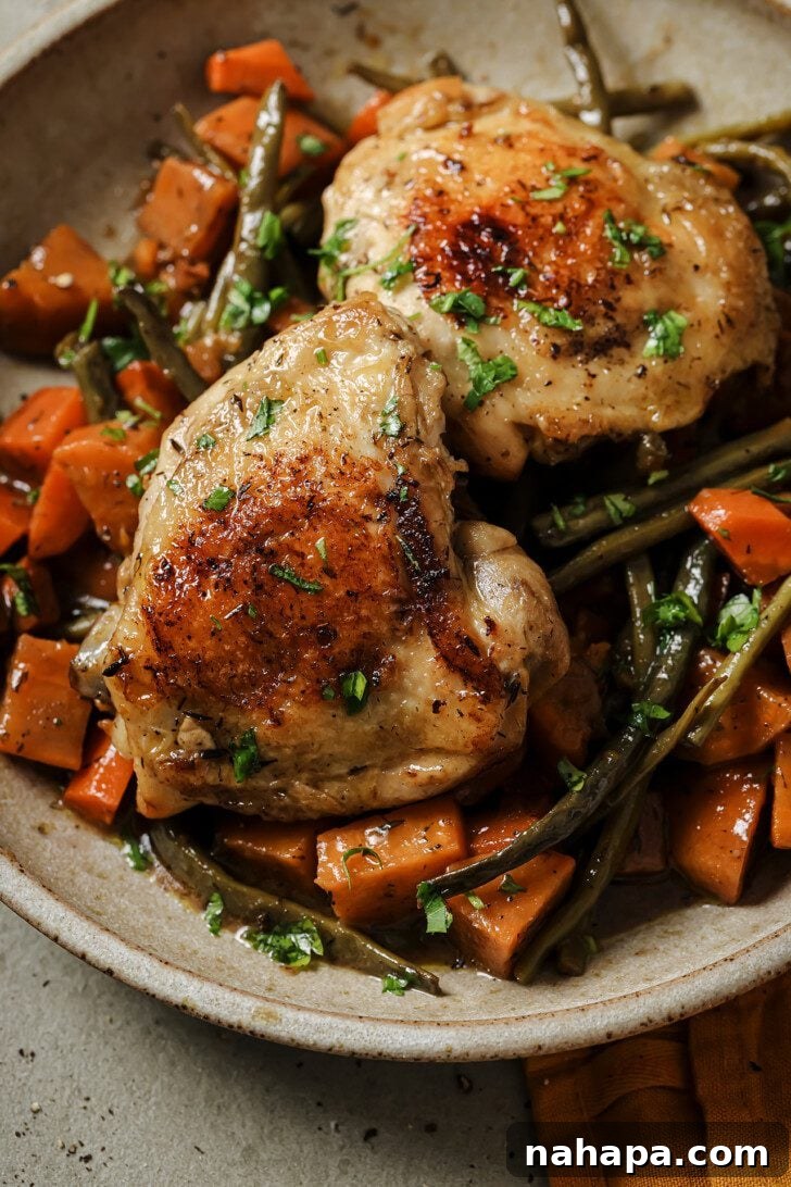 Hearty Slow Cooker Balsamic Chicken and Mixed Vegetables 8 A close-up shot of a single serving of slow cooker balsamic chicken, highlighting the tender chicken and perfectly cooked vegetables in a rich sauce.