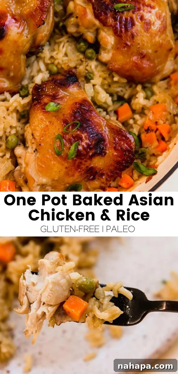 Promotional graphic for One-Pot Baked Asian Chicken and Rice recipe.