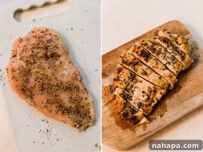 Two pieces of chicken, one raw and seasoned, the other cooked and golden brown, on a cutting board.