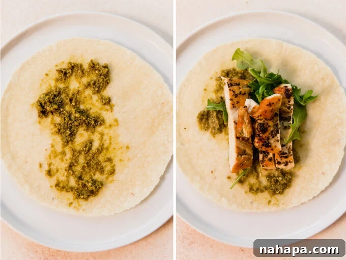 A step-by-step visual of assembling the wrap, showing a tortilla with pesto and arugula, and then the addition of sliced chicken.