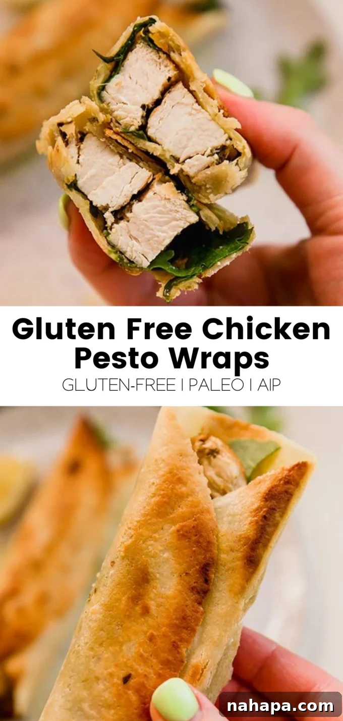 A Pinterest-friendly graphic promoting Gluten-Free Chicken Pesto Wraps