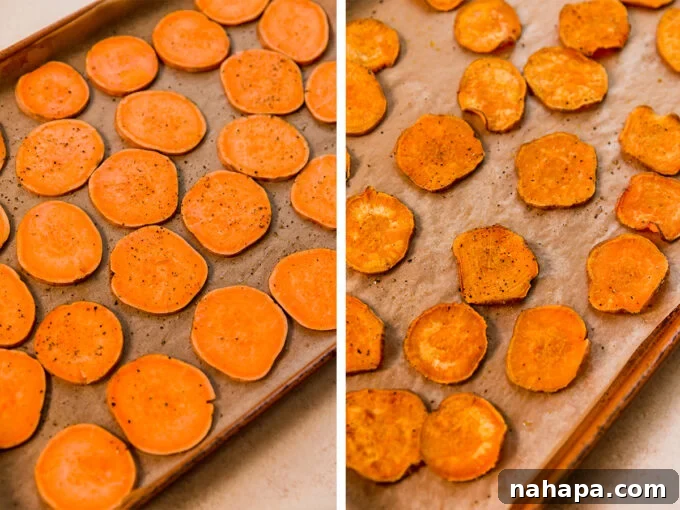 A comparison image showing raw sweet potato slices on a baking sheet next to a tray of perfectly roasted, golden-brown sweet potato chips.