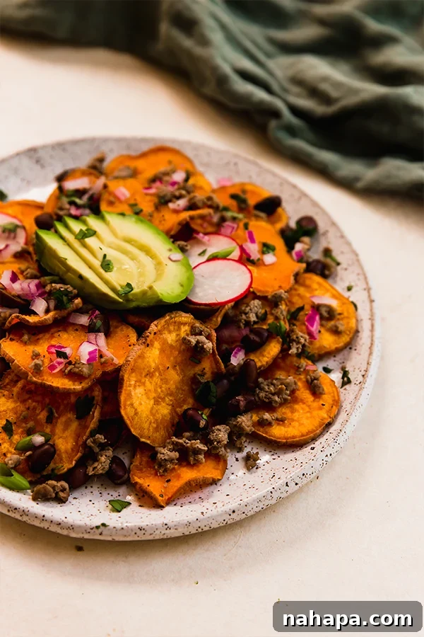 A beautifully composed plate of sweet potato nachos, ready to be enjoyed.