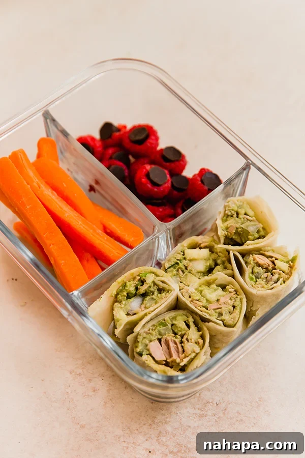 Avocado tuna pinwheel lunchable, with raspberries, chocolate gems, and carrot sticks.