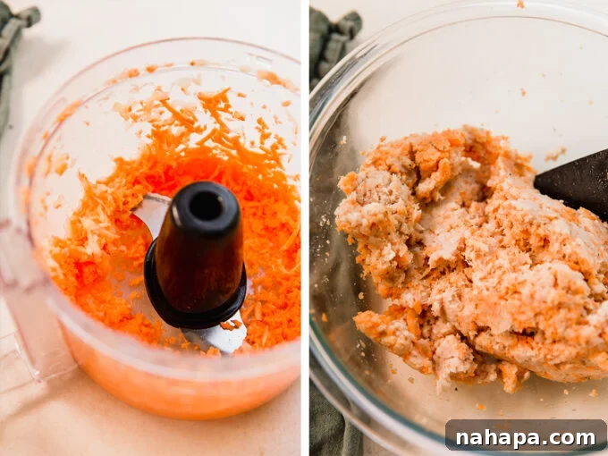 Shredded sweet potato in a food processor, followed by the combined sweet potato, apple, and ground chicken sausage mixture.