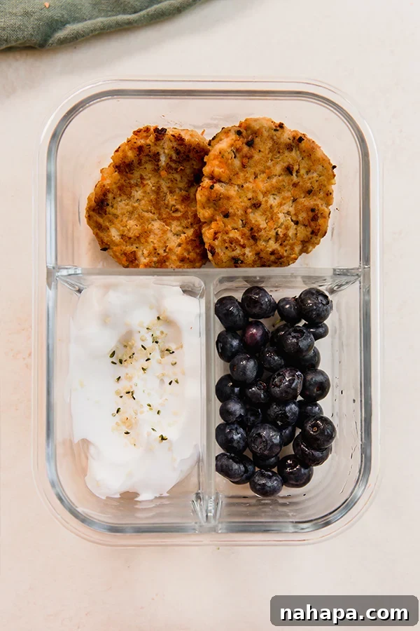 A vibrant and nutritious egg-free protein breakfast box, prepared and ready to enjoy on the go.