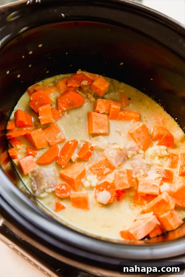 Slow Cooker Tropical Turmeric Chicken Curry 3 The prepped ingredients for slow cooker turmeric chicken curry in the slow cooker before cooking.