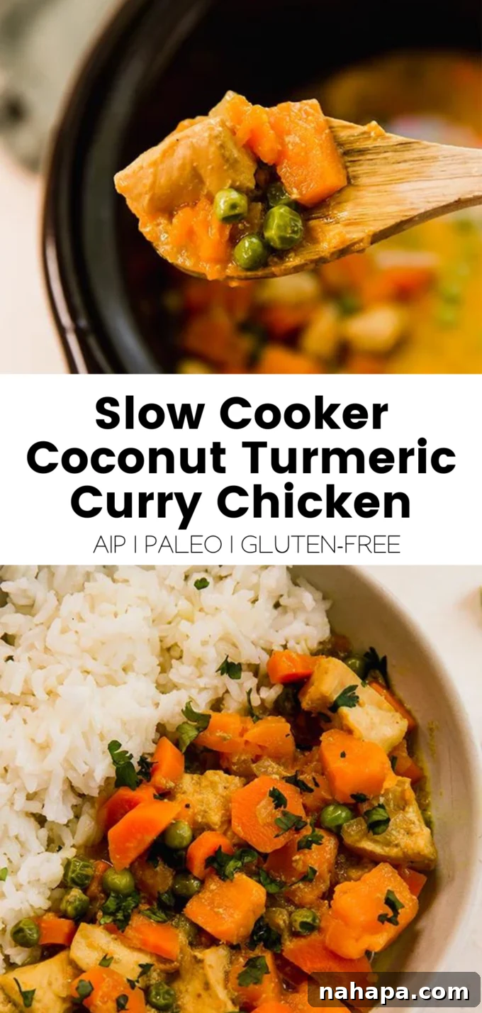 Slow Cooker Tropical Turmeric Chicken Curry 7 A visually appealing image promoting a recipe for Slow Cooker Coconut Turmeric Curry Chicken.