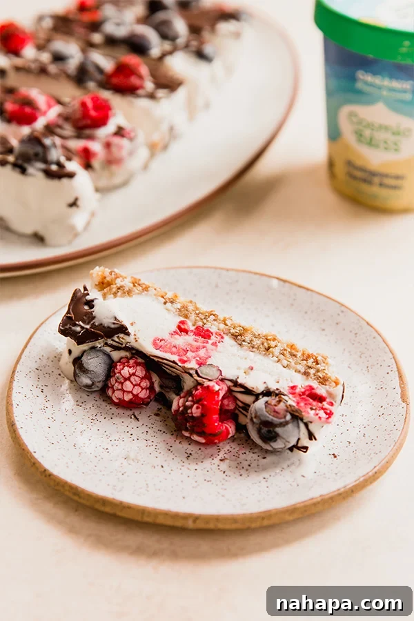 Two slices of gluten and dairy-free no-bake berry vanilla ice cream cake on a wooden board, garnished with fresh berries and mint.