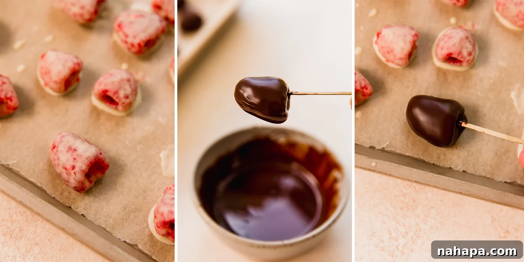 A visual guide showing the step-by-step process of making chocolate frozen raspberries, from dipping in white chocolate, then dark chocolate, to the final frozen product.