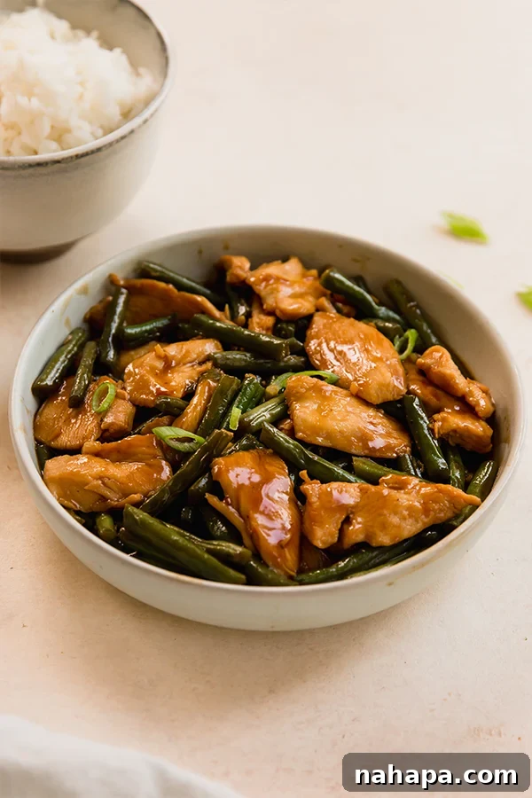 Close-up of String Bean Chicken in a bowl, showcasing its rich sauce and fresh ingredients