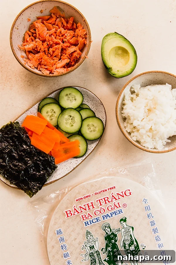 The ingredients for sushi-inspired salmon rice paper rolls
