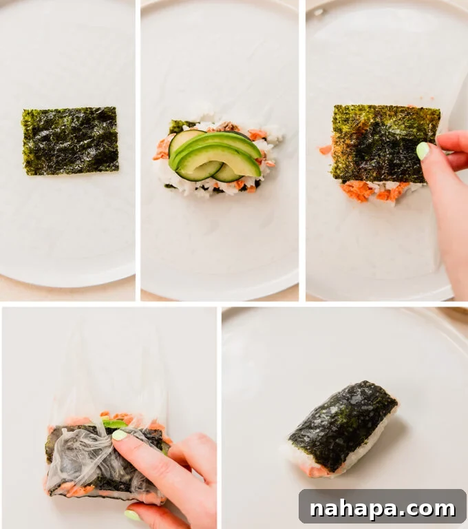 The steps of making sushi inspired salmon rice paper rolls.