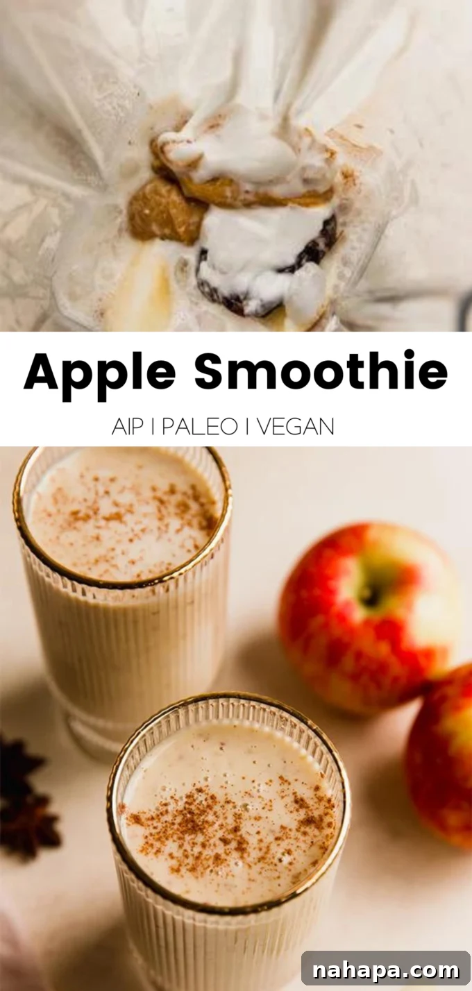 Orchard Fresh Sip 6 A graphic design image advertising the apple smoothie recipe, with text overlay and an inviting visual of ingredients and a finished smoothie.