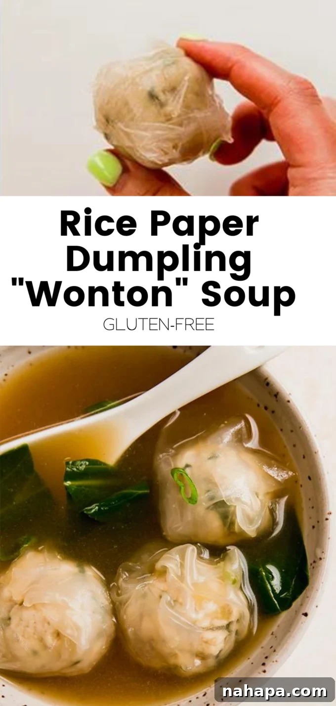 Gluten-Free Rice Paper Wonton Soup 10 A vibrant hero image of the Gluten-Free Rice Paper Dumpling Wonton Soup, ready to be served.