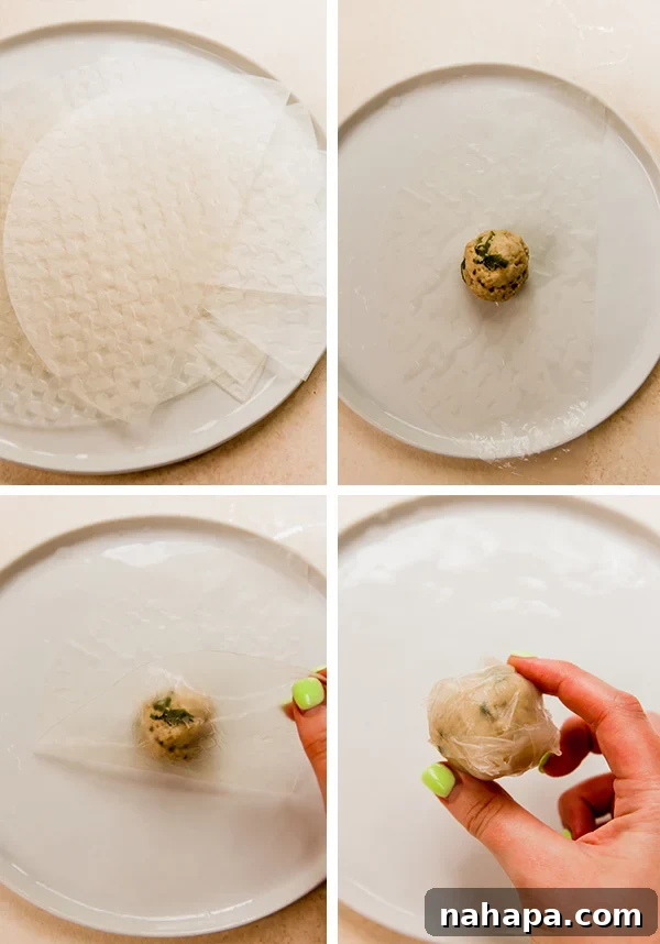 Gluten-Free Rice Paper Wonton Soup 6 Step-by-step photographic guide to wrapping meatballs in softened rice paper wrappers to form gluten-free dumplings.