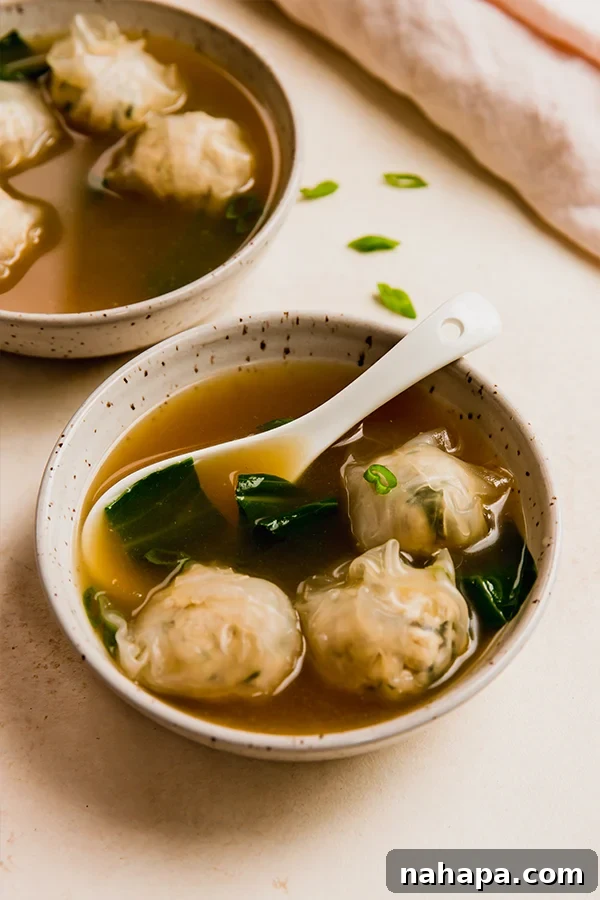 Gluten-Free Rice Paper Wonton Soup 7 A beautifully presented bowl of gluten-free rice paper dumpling soup, ready to be enjoyed.