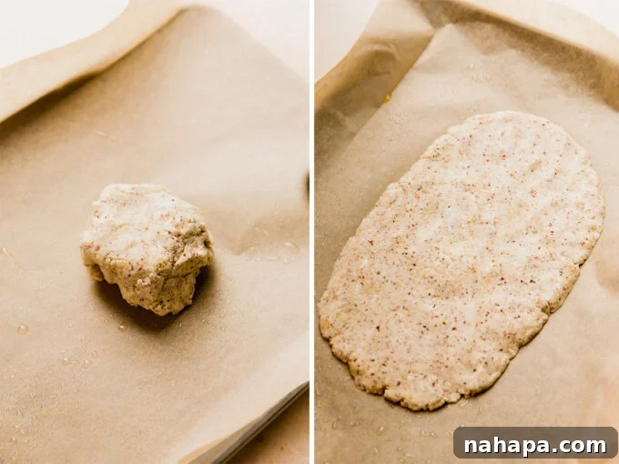 The process of preparing flatbread dough, showing a ball of dough and the rolled-out oval crust on a baking sheet.